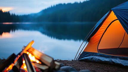 Wall Mural - camping scene with a tent by a lake at dusk, featuring a warm fire and serene nature.