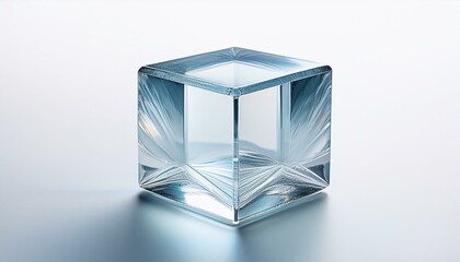 a cube made of clear glass sits on a white background white background