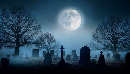 Wall Mural - a dark foggy halloween night scene with an eerie full moon casting shadows over a desolate graveyard