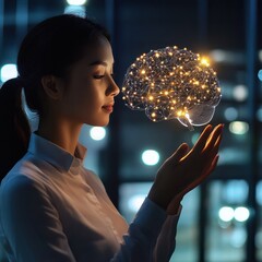 Aufkleber - business professional holding a glowing digital brain, representing artificial intelligence and inno