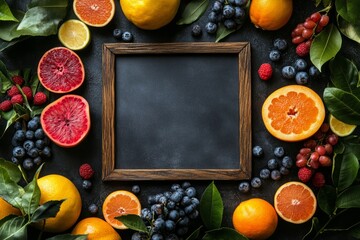 Fresh fruit border framing dark background with copy space