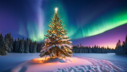 a snowy outdoor scene with a beautifully decorated christmas tree glowing in the evening light there