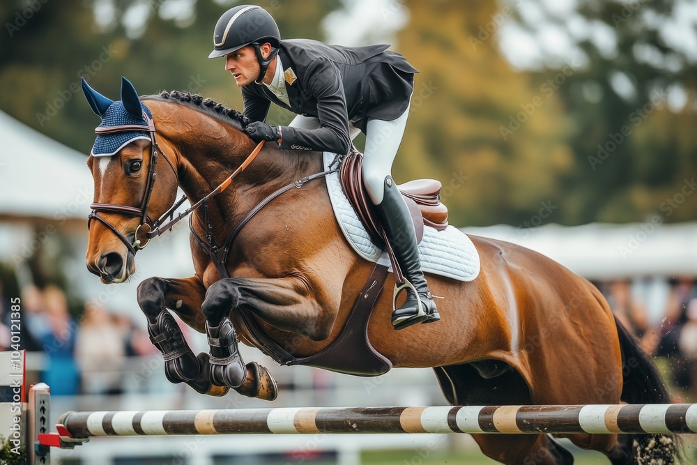 Equestrian show jumping horse and rider clearing fence in competition ...