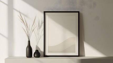 Blank mockup template of a framed poster displayed on a minimalistic shelf with modern decor.