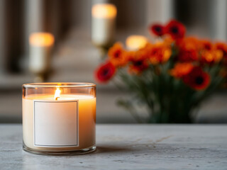 Burning candle illuminating an empty table with a bouquet of orange flowers in the background