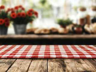Aufkleber - Empty table with red checkered tablecloth over blurred background, for product display montage