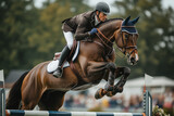 Horse and rider performing jump at equestrian show jumping competition