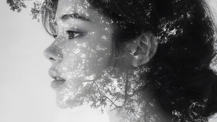 Wall Mural - A woman's face is shown in a photo with trees in the background. The photo is a creative representation of the woman's face, with the trees casting shadows on her features