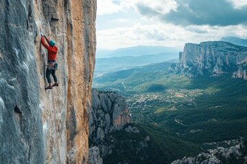 Climber ascending mountain with valley in background