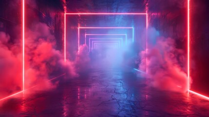 Poster - Neon tunnel with sharp geometric patterns in red and blue, shrouded in misty fog and floating neon clouds