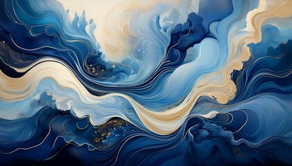 Wall Mural - blue gradient abstract paint in the style of fluid landscapes atmospheric clouds dark sky blue and light beige marble mysterious landscapes poured
