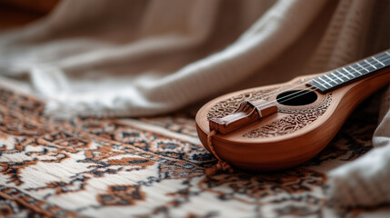 
A detailed view of a dombra, the traditional Kazakh musical instrument, resting on a patterned Kazakh rug. 