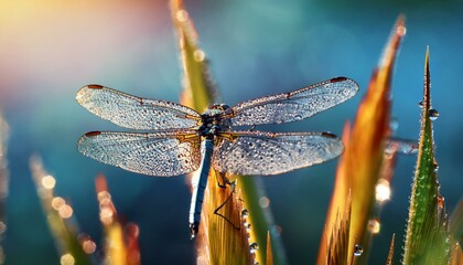 dragonfly on plant with water droplets