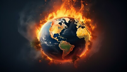 Wall Mural - earth on fire and burning down global catastrophe and world destroyed on dark background generative 