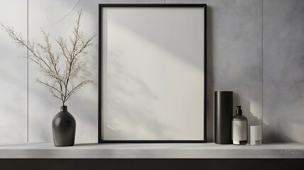 Blank mockup template of a framed poster displayed on a minimalistic shelf with modern decor.