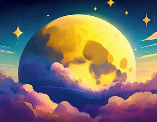 Wall Mural - landscape beautiful cute yellow moon with craters float on sky with cloud colorful my dream