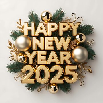 Happy New Year 2025 in sparkling gold text with festive decorations