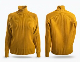 mustard yellow sweater front and back mock up with cozy fit and textured knit pattern isolated on white background