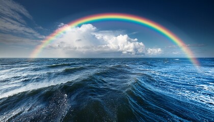 Wall Mural - stormy sea with rainbow over horizon from worm s eye view