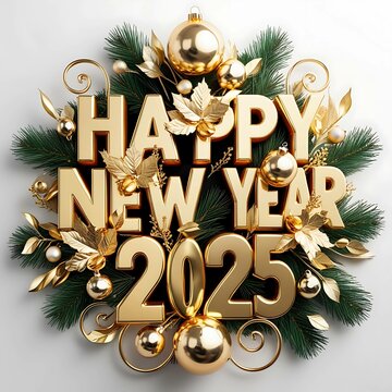 Happy New Year 2025 in sparkling gold text with festive decorations