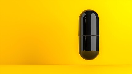 Poster - Modern Matte Black Hovering Capsule on Vibrant Yellow Background - Sleek Design for Futuristic Concepts and Innovative Presentations
