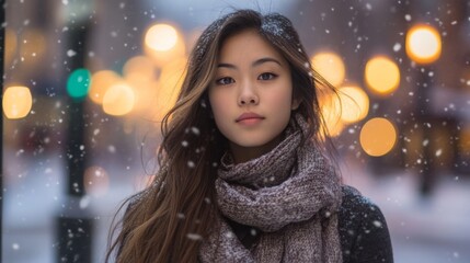 Poster - A woman with long, dark hair is standing in the snow. She is wearing a gray scarf and a black jacket. The background is blurred, with out-of-focus lights and falling snowflakes.