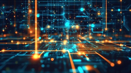 Poster - Digital circuit lines and light beams floating on a gradient tech process background