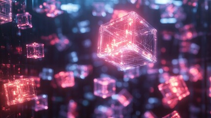 Poster - Digital interface with interconnected glowing cubes on a tech process backdrop