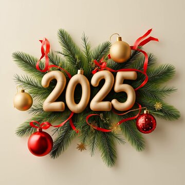 Happy New Year 2025 in sparkling gold text with festive decorations