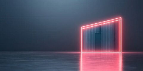 Poster - A futuristic neon structure stands in a reflective environment, emitting vibrant pink and blue hues under soft, ambient lighting.
