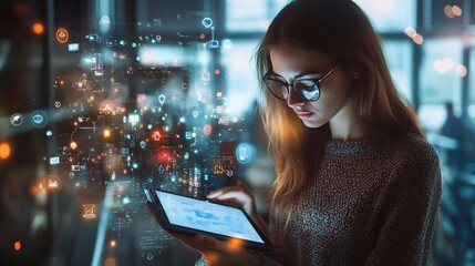 Poster - Young Woman Using Tablet with Digital Interface Overlay