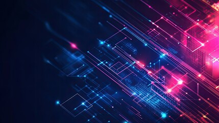 Leinwandbilder - Dynamic neon lines and geometric shapes representing digital data flow on a tech background
