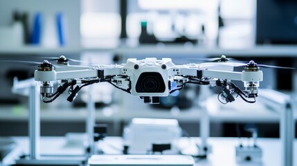 Aufkleber - A robot managing automated drone calibration in a high-tech drone lab with clean, organized calibration stations and advanced drone calibration tools, Drone calibration tech style