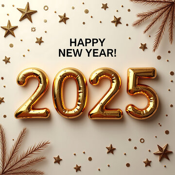 Happy New Year 2025 in sparkling gold text with festive decorations