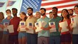 © Johannes - Elecion concept. A diverse group of smiling people holding American flags and documents, standing in line with an American flag backdrop, symbolizing unity and civic engagement.