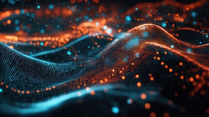 Poster - Flowing data particles forming a digital wave on a futuristic tech process background