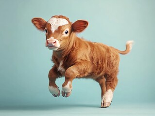 Running Jersey calf against a vibrant blue backdrop, showcasing the breed's distinctive features and lively spirit.