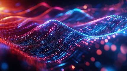 Aufkleber - Flowing data waves and neon lights on a modern digital process backdrop