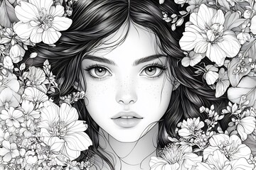 Poster - Beautiful cartoon princess surrounded by an array of blooming flowers in an intricate blackandwhite handdrawn style Perfect for coloring featuring fine details and soft outlines