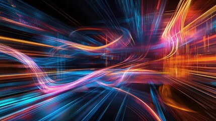 Leinwandbilder - Flowing neon lines and geometric shapes in motion on a futuristic tech backdrop