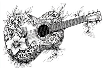 Poster - Beautifully detailed handdrawn guitar adorned with intricate black and white ornaments and stylized flowers presented in a vector illustration style on a white background for coloring fun