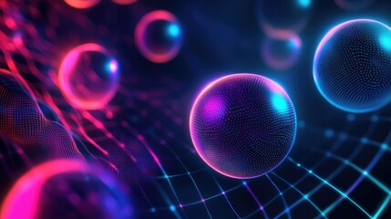 Leinwandbilder - Futuristic neon patterns with floating orbs on a dark tech process background