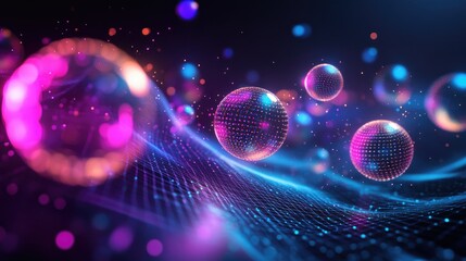 Leinwandbilder - Futuristic neon patterns with floating orbs on a dark tech process background