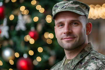 Generative AI image of military man or woman in Santa hat during holiday celebration family, perfect for festive homecoming themes