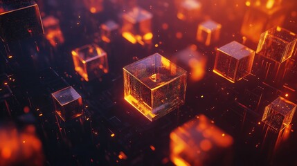 Poster - Glowing abstract polygonal shapes floating on a dark tech process background