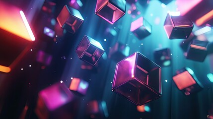 Poster - Glowing abstract polygonal shapes floating on a dark tech process background