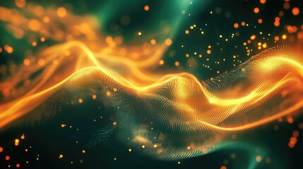 Poster - Glowing abstract waveforms with digital nodes, representing tech processes in motion