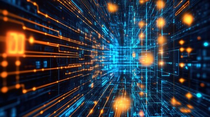 Poster - Glowing circuitry design with neon patterns floating on a digital tech process backdrop