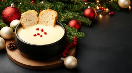 Festive cheese fondue with bread and holiday decorations