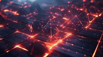 Fototapete - Glowing geometric patterns and light beams interconnected on a dark tech background
